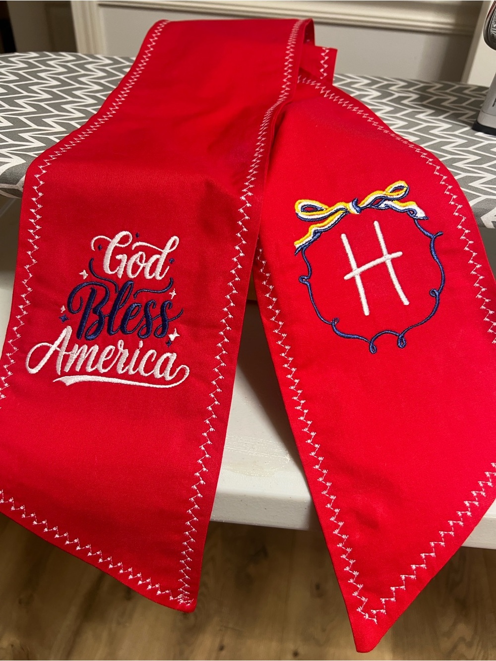 Red Patriotic Embroidered Sash with Monogram